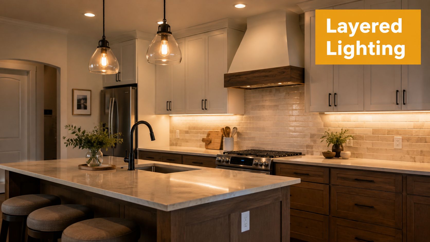 A modern kitchen interior featuring warm layered lighting with pendant lights, under-cabinet strips, and a range hood.
