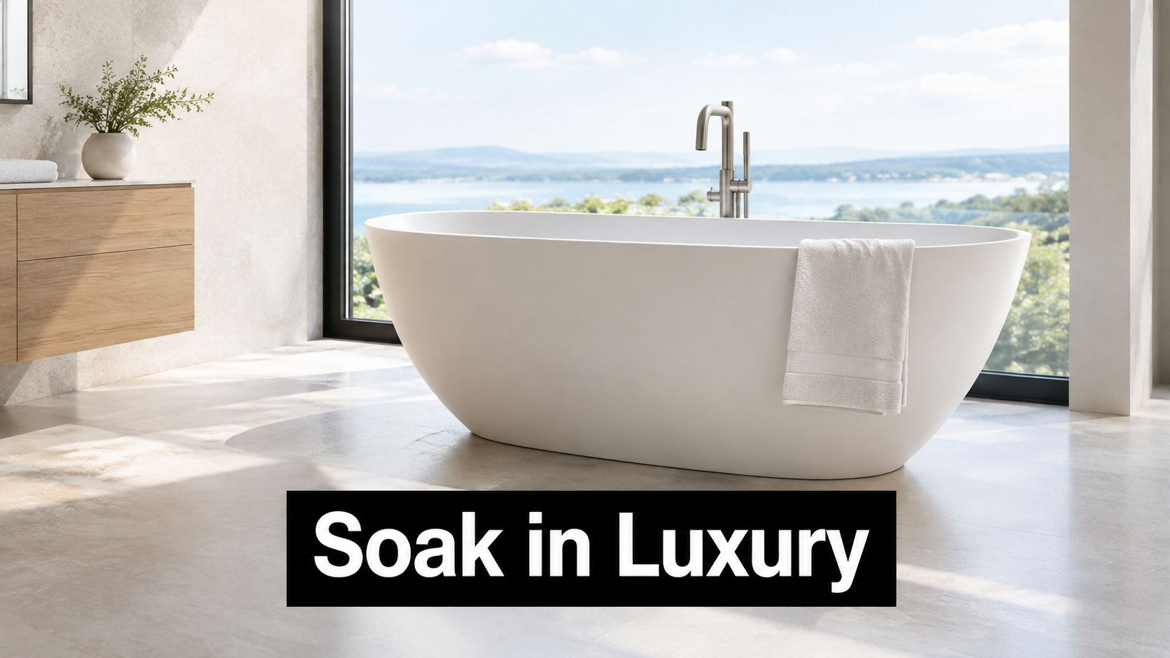 A modern, luxurious bathroom with a white freestanding bathtub, wooden vanity, and large window overlooking a scenic lake.