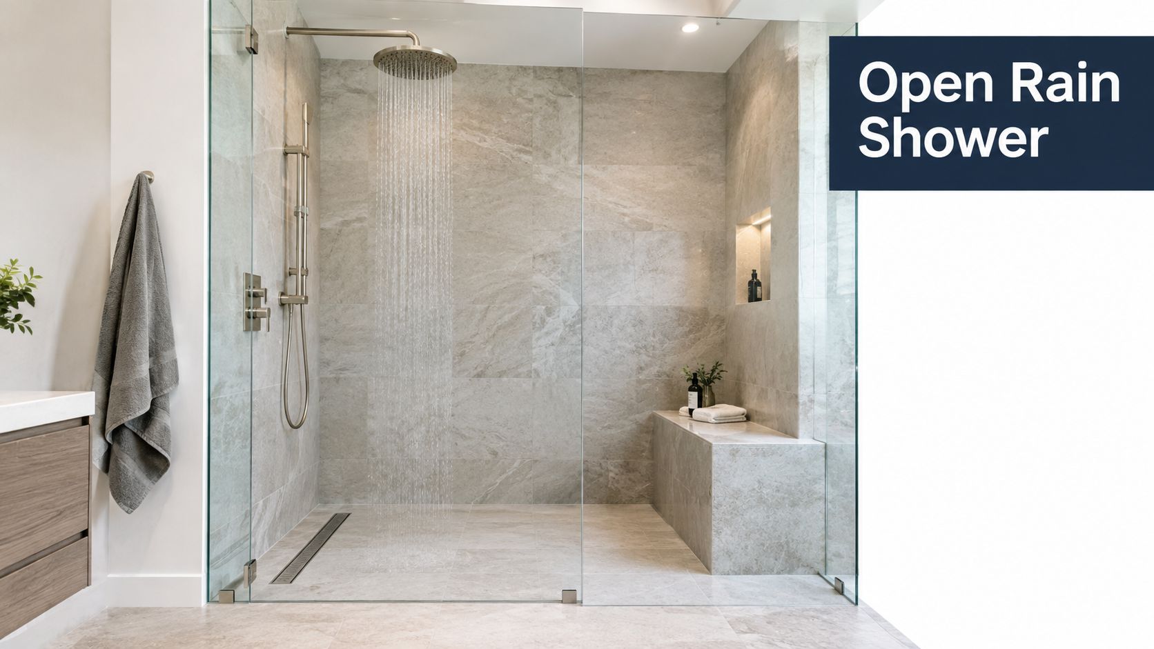 A modern luxury walk-in shower with stone tiles, a rain showerhead, a built-in bench, and glass panels.