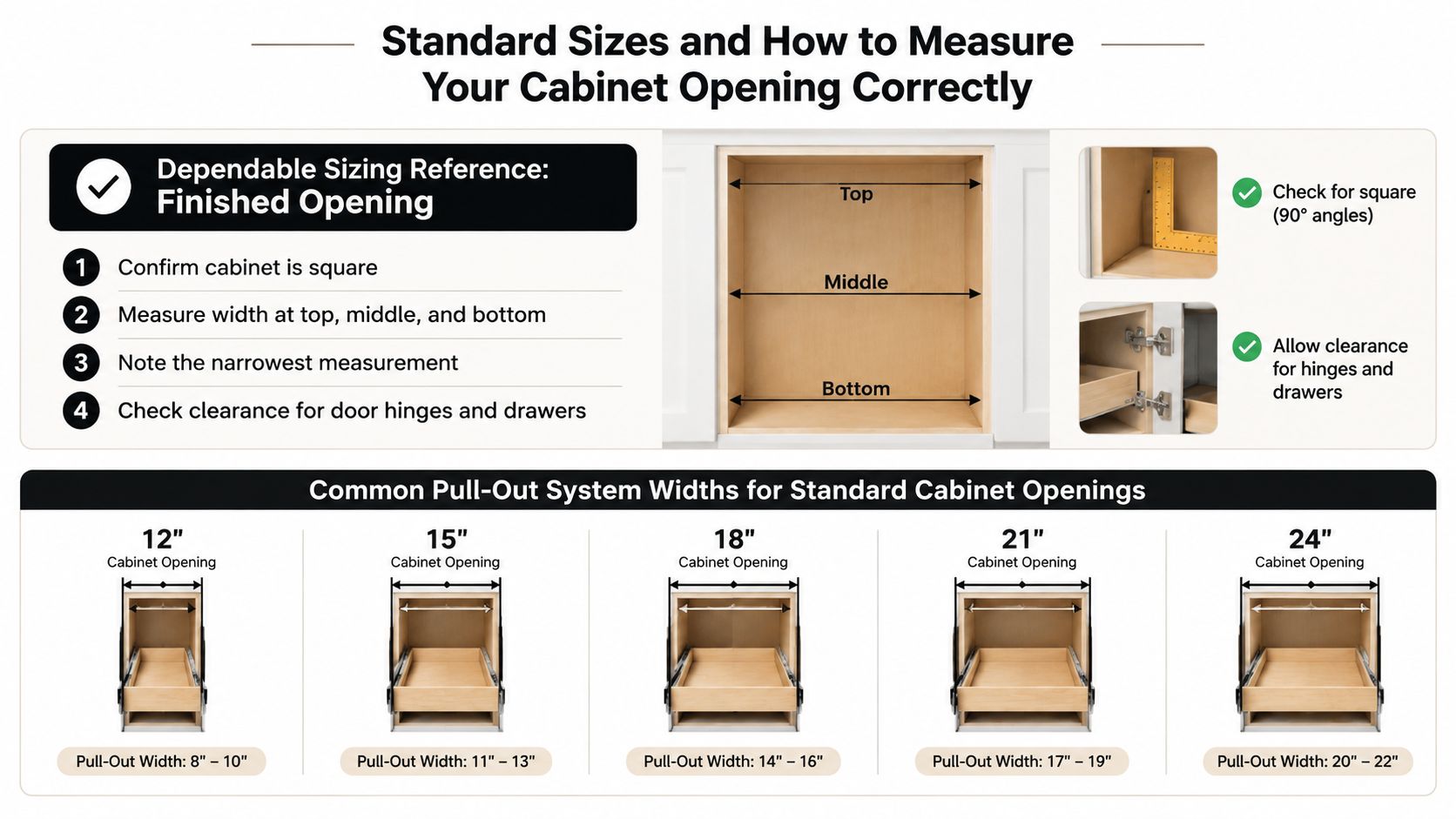 A guide on how to measure standard cabinet openings for installing pull-out shelving systems correctly.