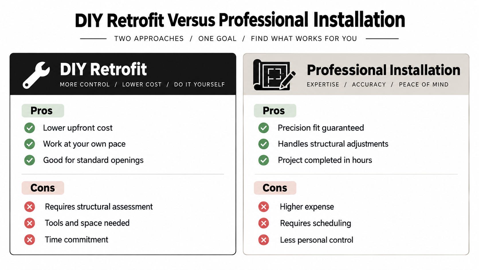 A comparison chart outlining the pros and cons of DIY retrofit versus professional installation services.