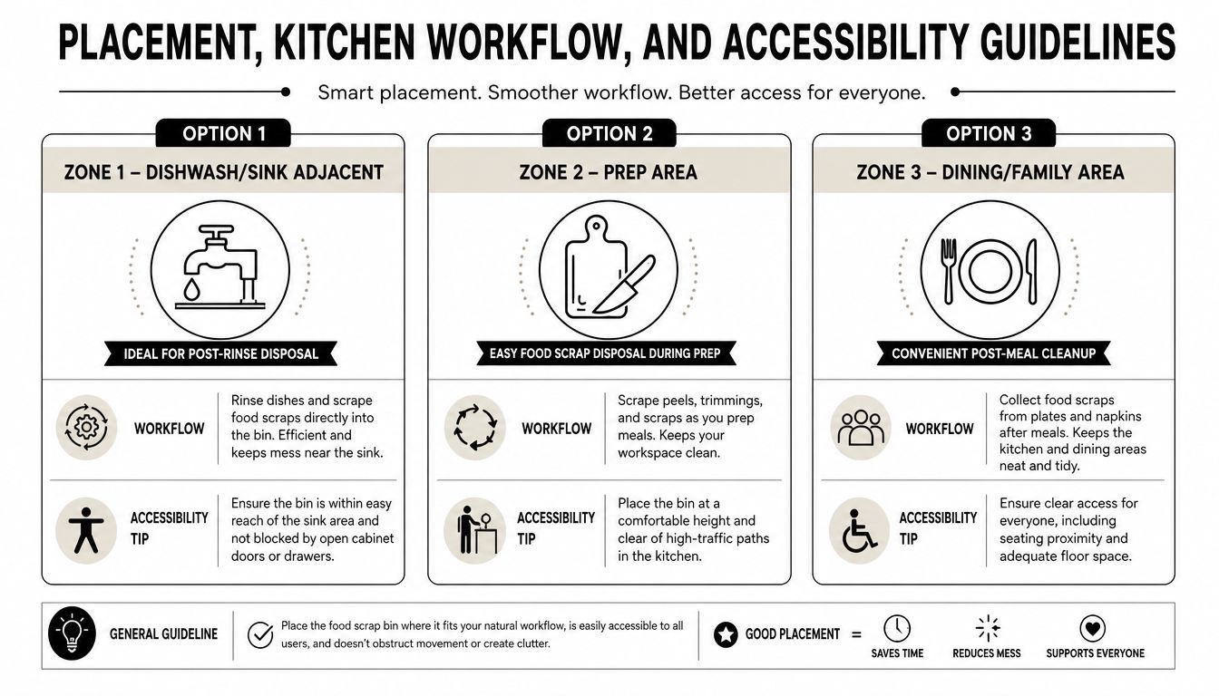 An infographic showing three optimal kitchen placement options for a food scrap bin to improve efficiency.