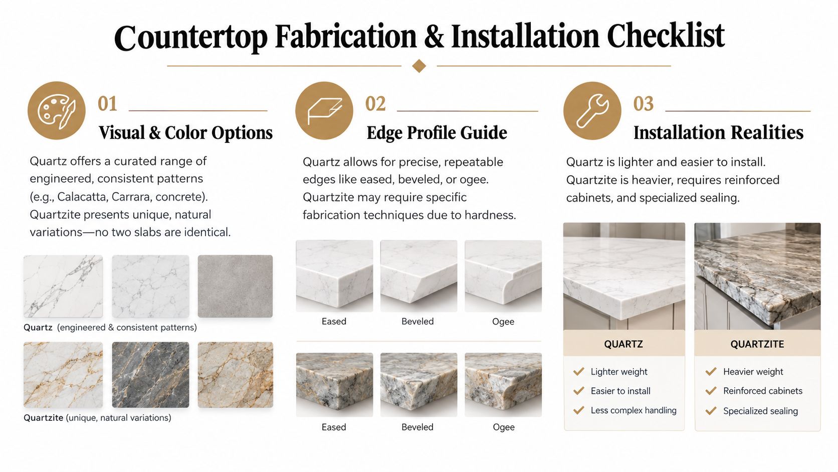 A comparison guide for quartz versus quartzite countertops highlighting visual options, edge profiles, and installation considerations.