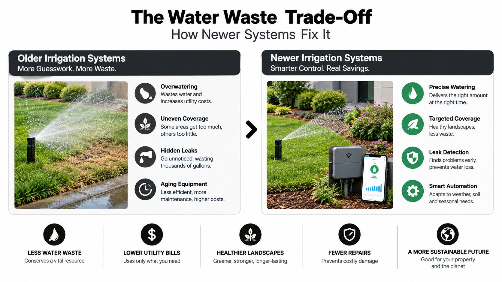 A comparison infographic showing the benefits of smart, modern irrigation systems over traditional, wasteful lawn watering methods.