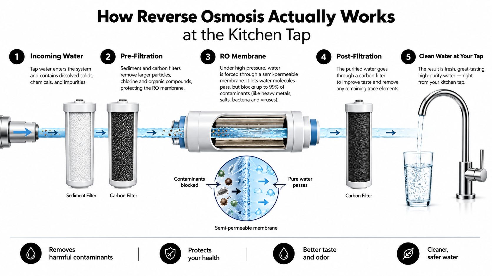 A diagram illustrating the five-stage reverse osmosis water filtration process from tap to drinking glass.