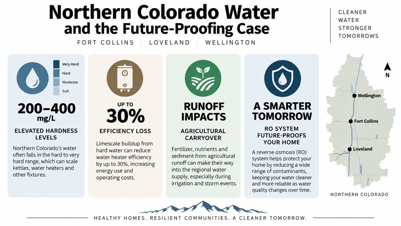 An infographic illustrating water quality issues in Northern Colorado and the benefits of a reverse osmosis system.