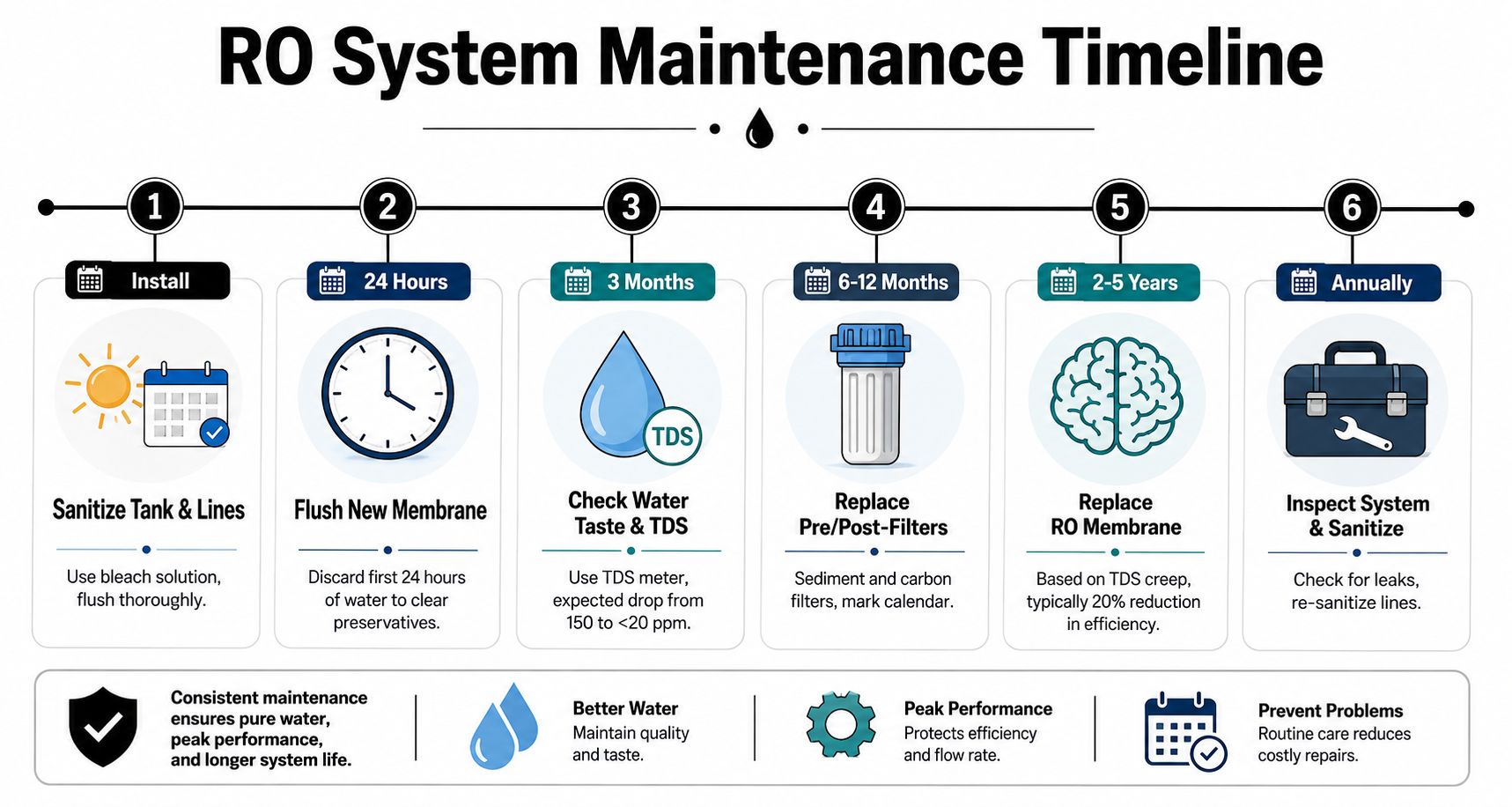 A maintenance timeline infographic for a reverse osmosis system detailing steps from initial installation to annual professional inspection.