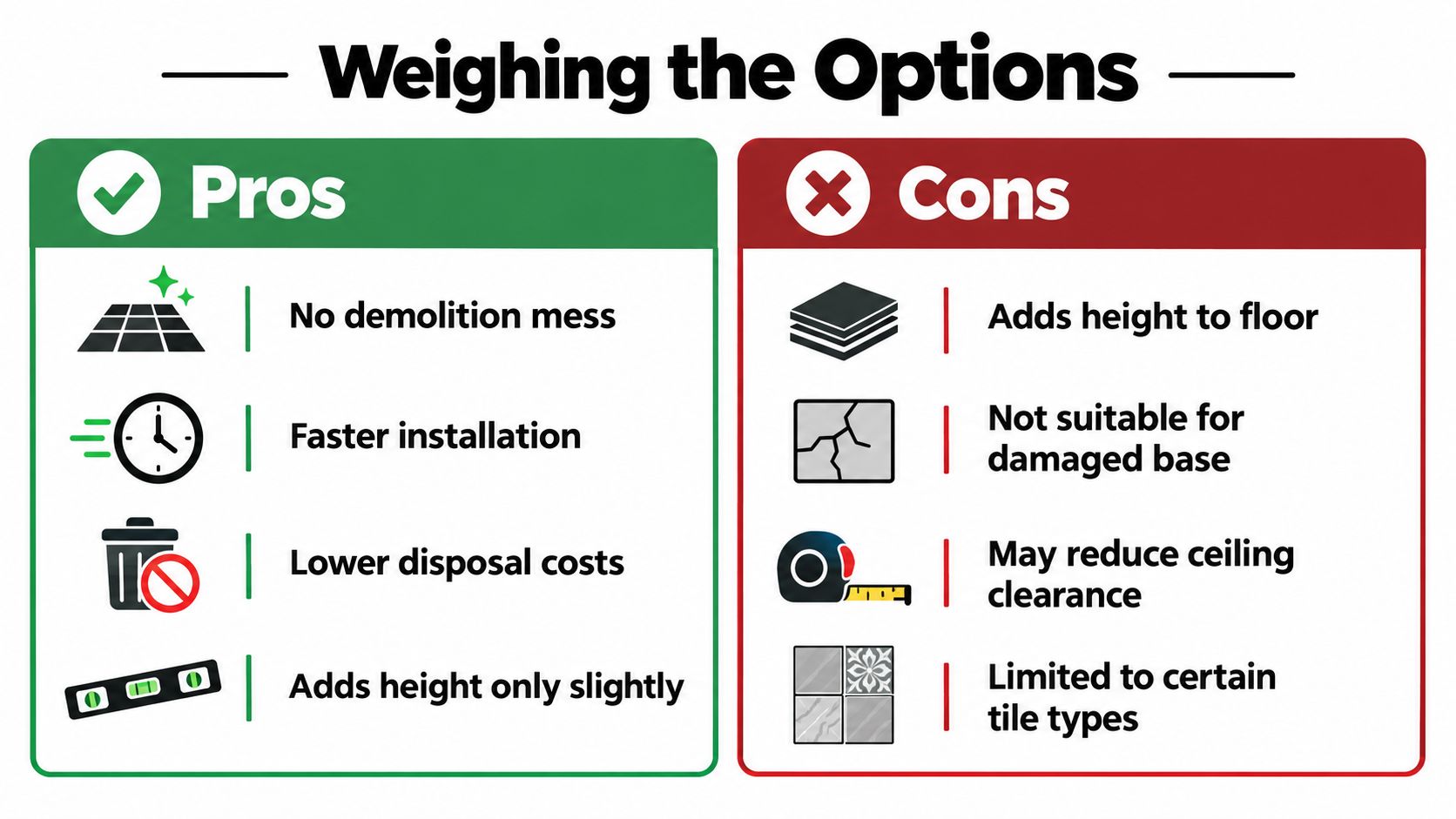 A comparison chart listing the pros and cons of installing tile over existing tile flooring surfaces.