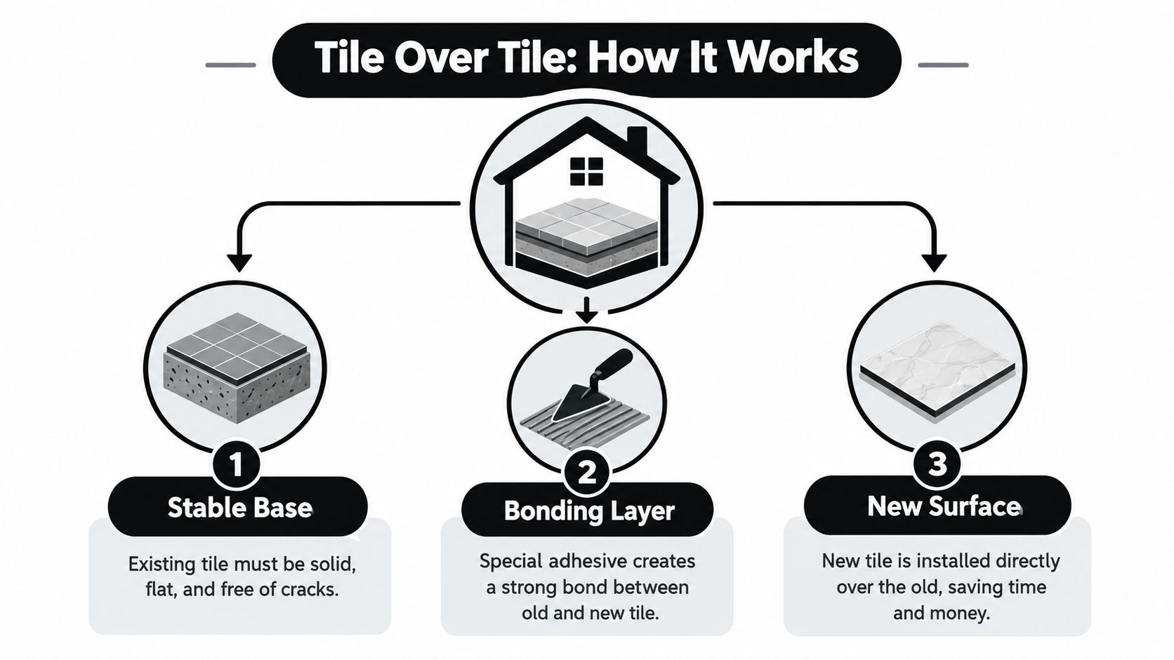 An infographic showing the three-step process of installing new tiles directly over existing tile flooring.