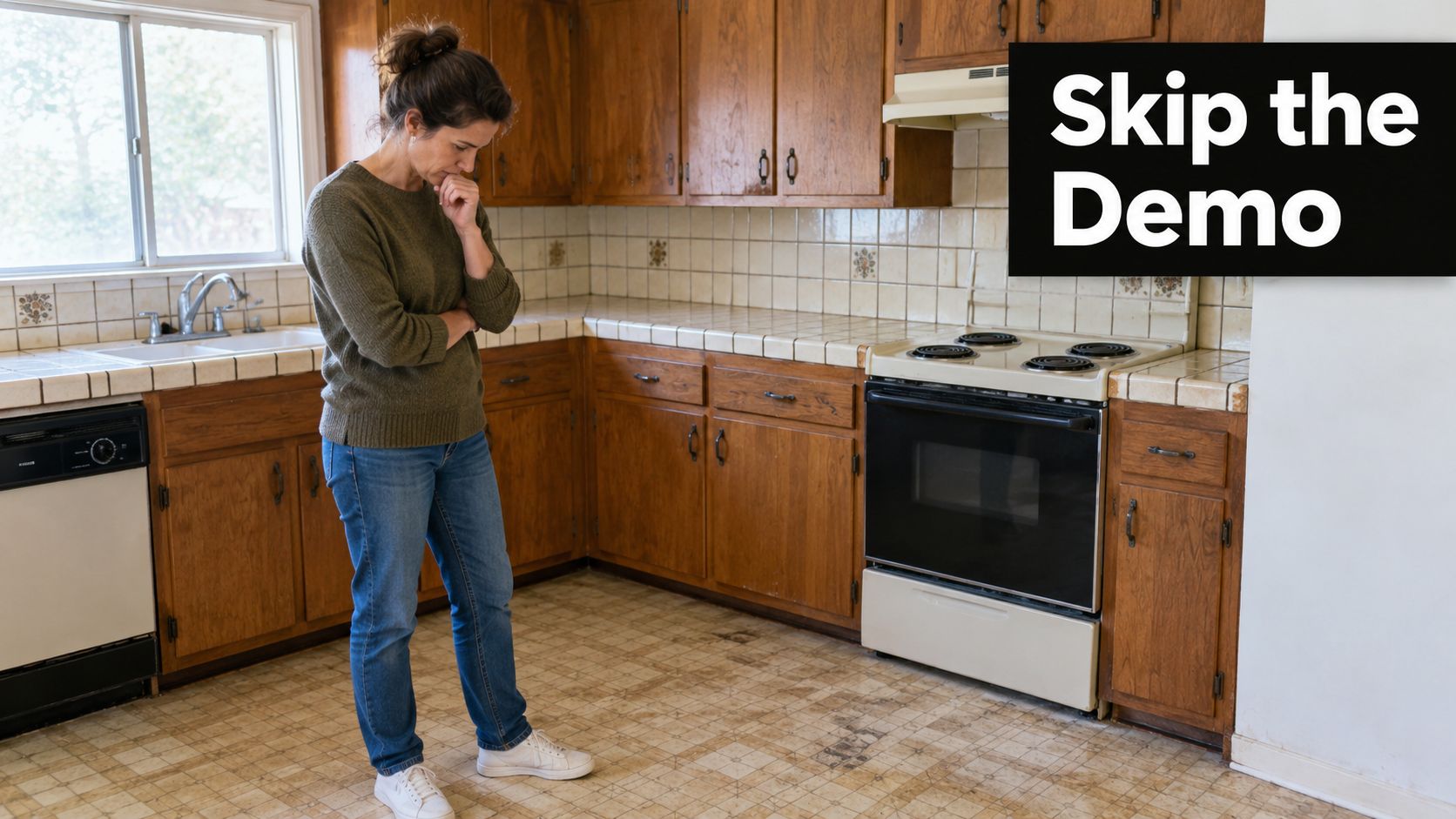 A thoughtful woman stands in a dated kitchen, considering potential home renovation projects and tile flooring upgrades.