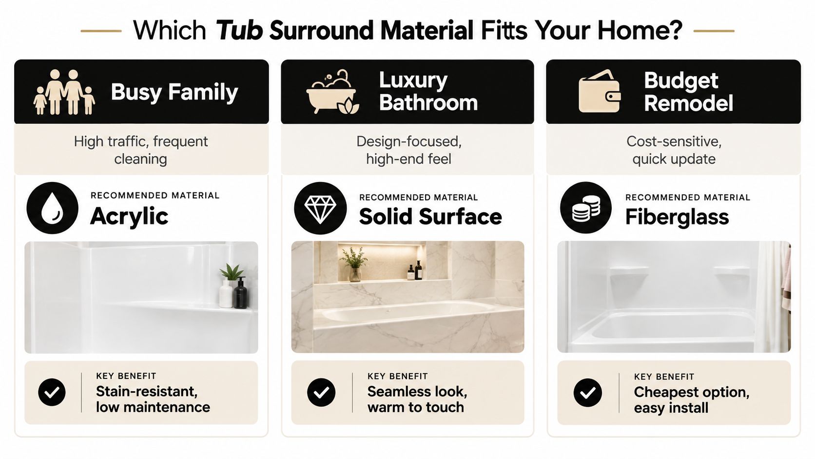 A comparison chart showing recommended tub surround materials for busy families, luxury bathrooms, and budget remodels.