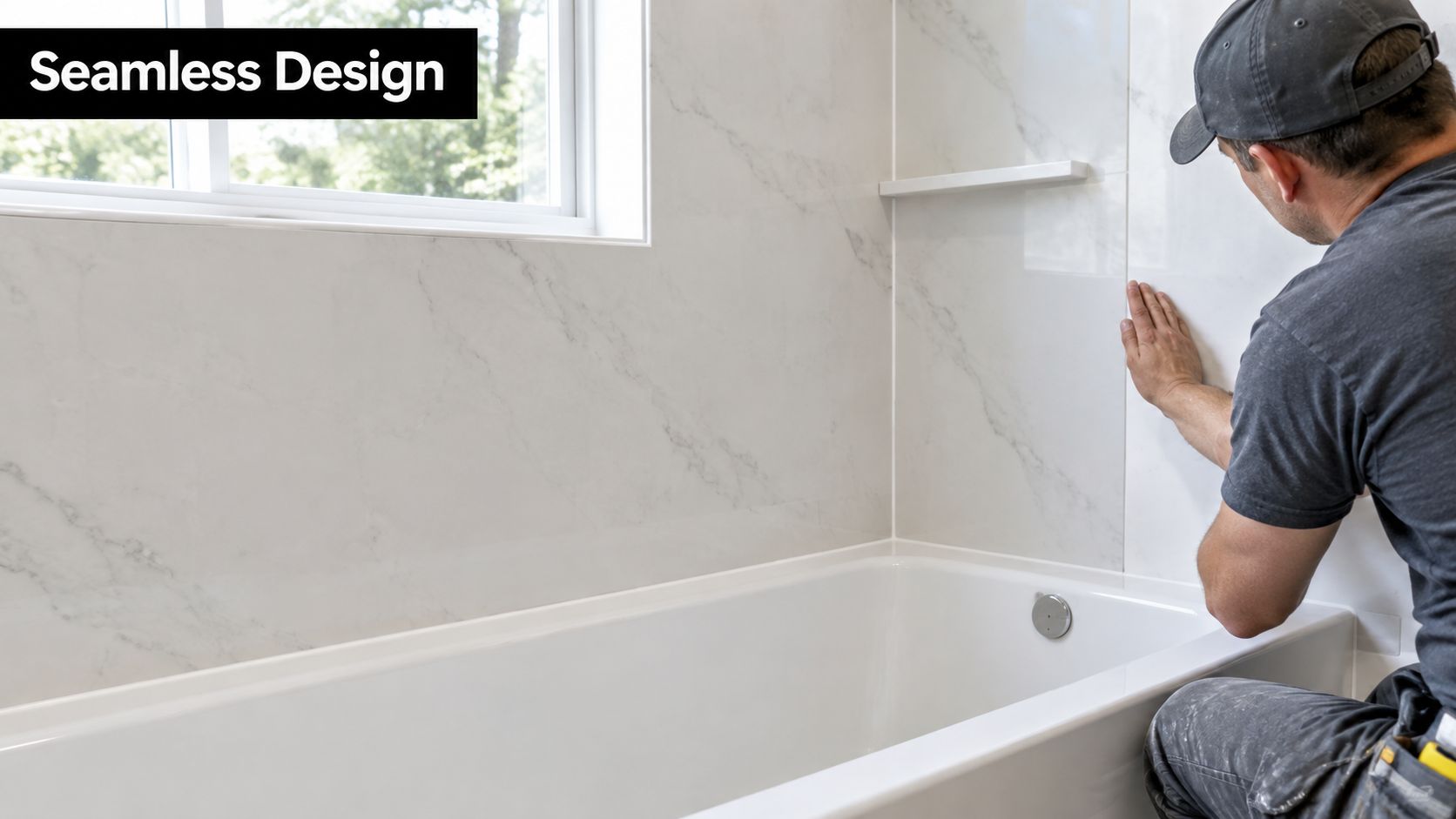 A professional installer carefully placing a marble-patterned acrylic panel during a tub surround installation project.