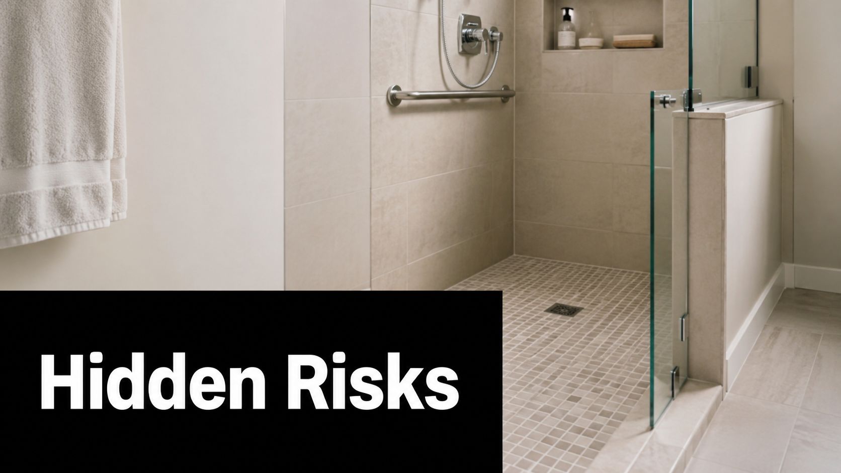 A modern, accessible walk-in shower featuring a chrome grab bar and glass partition for elderly individuals.