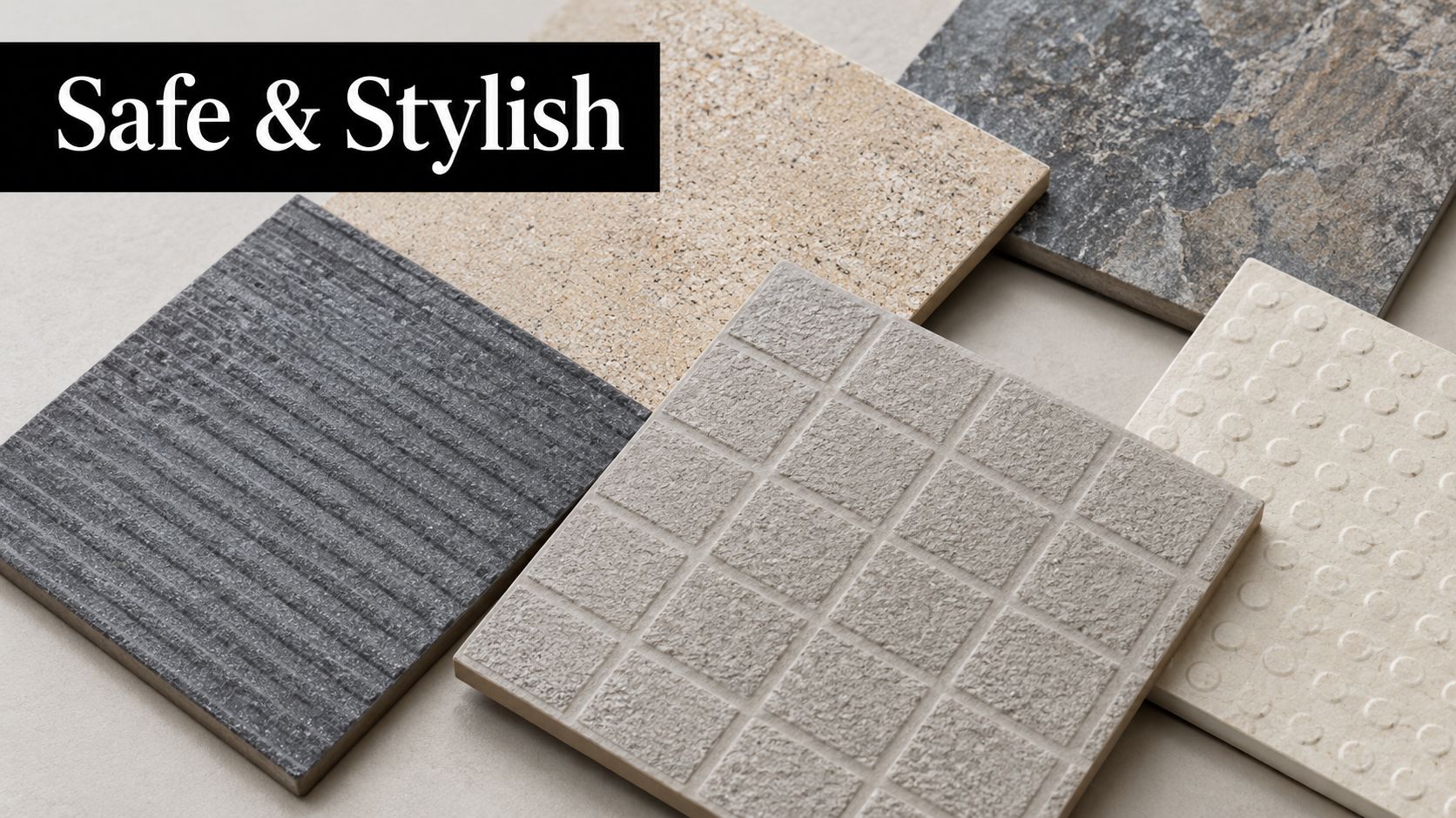A display of various textured and patterned floor tiles designed for safety and style in home environments.