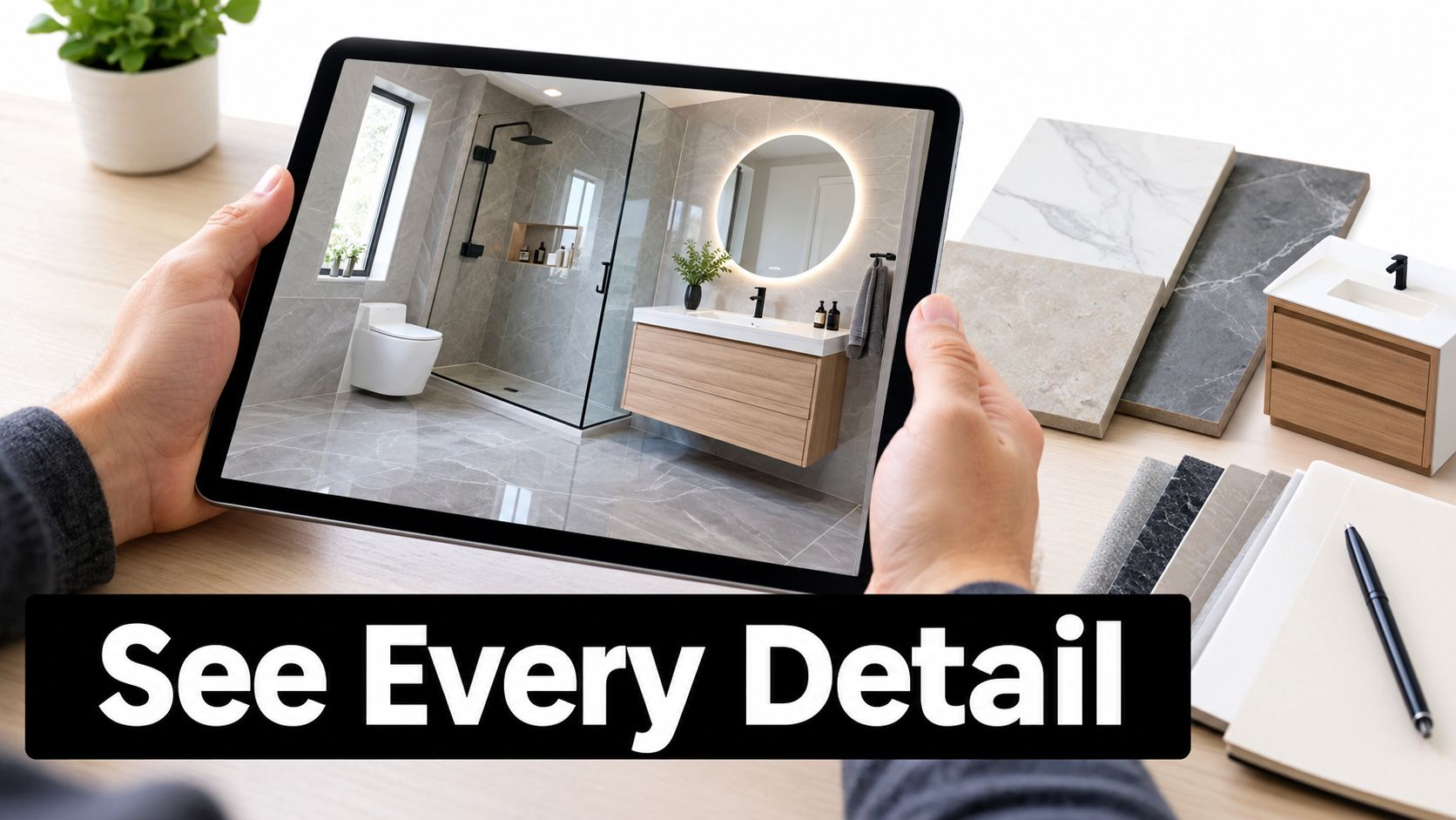 A person holds a tablet displaying a modern 3d bathroom design mockup surrounded by material samples.