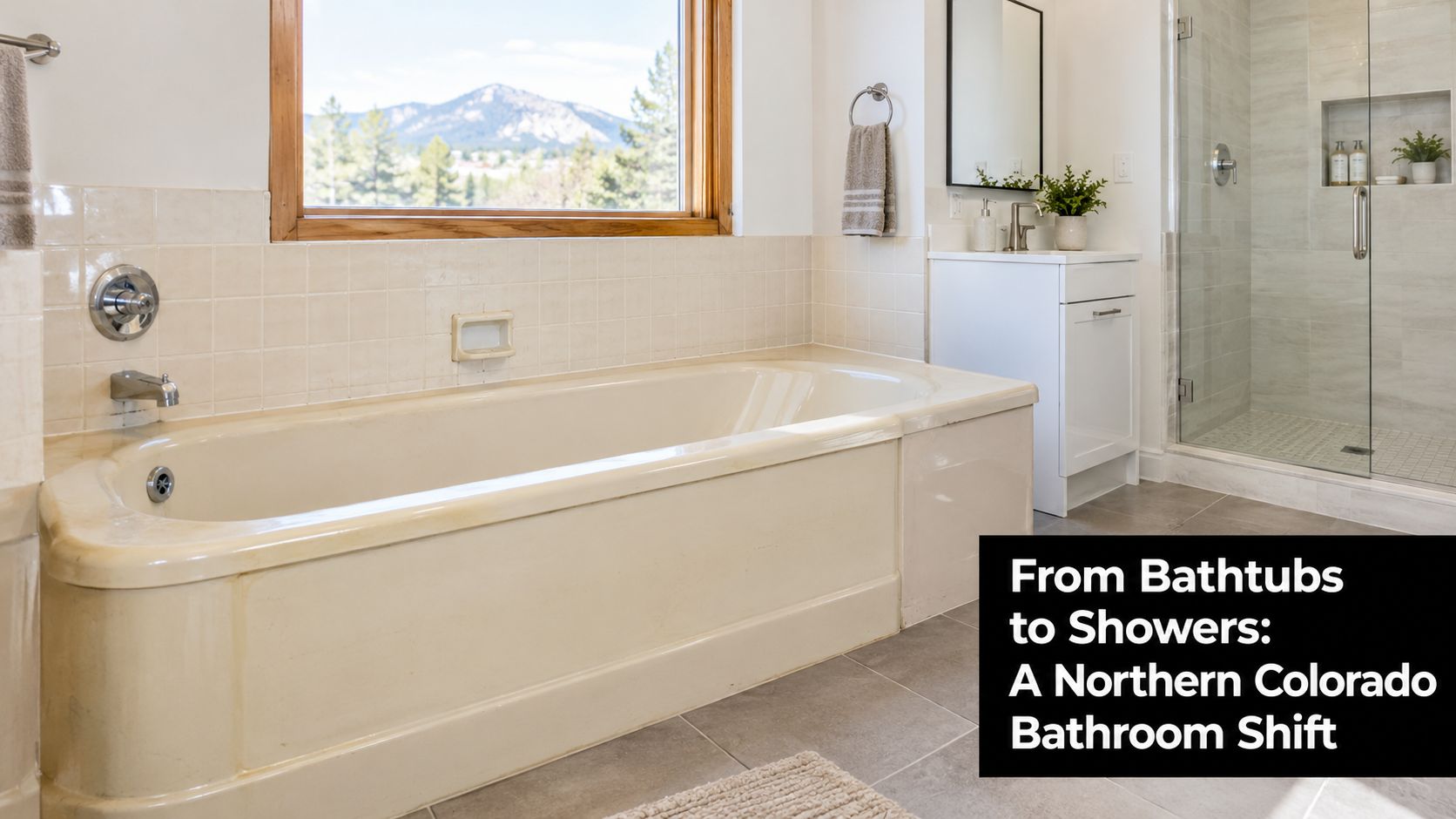 A modern bathroom interior featuring a large bathtub next to a glass-enclosed walk-in shower area.