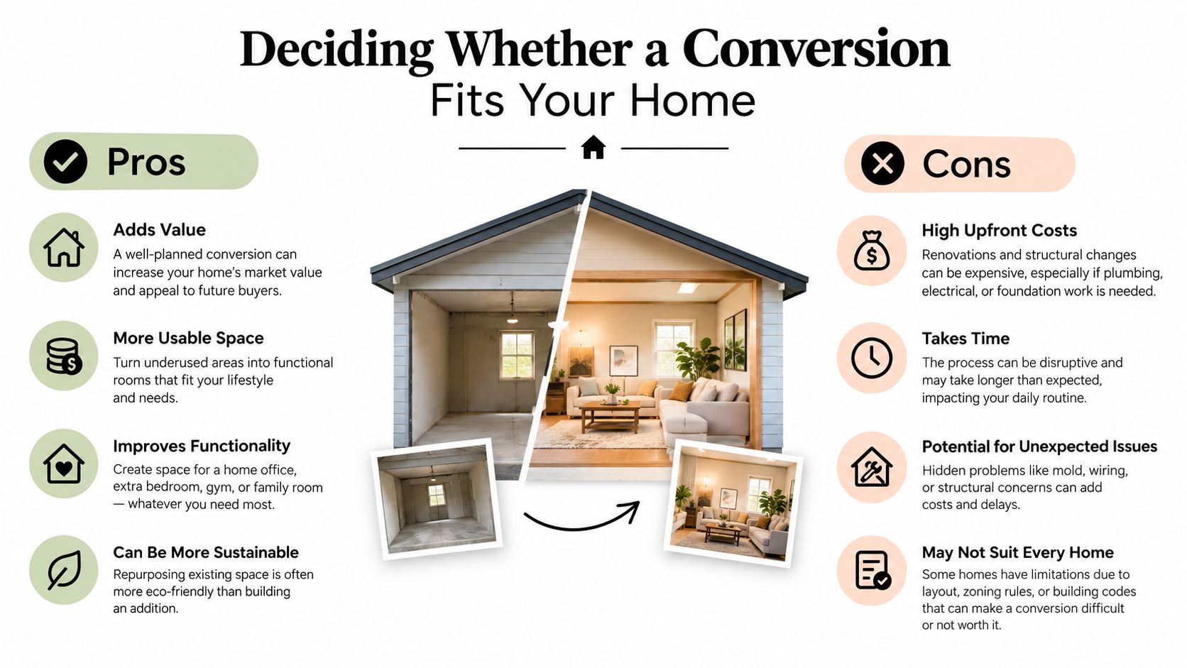 An infographic comparing the pros and cons of home conversions, featuring a split-screen garage renovation illustration.