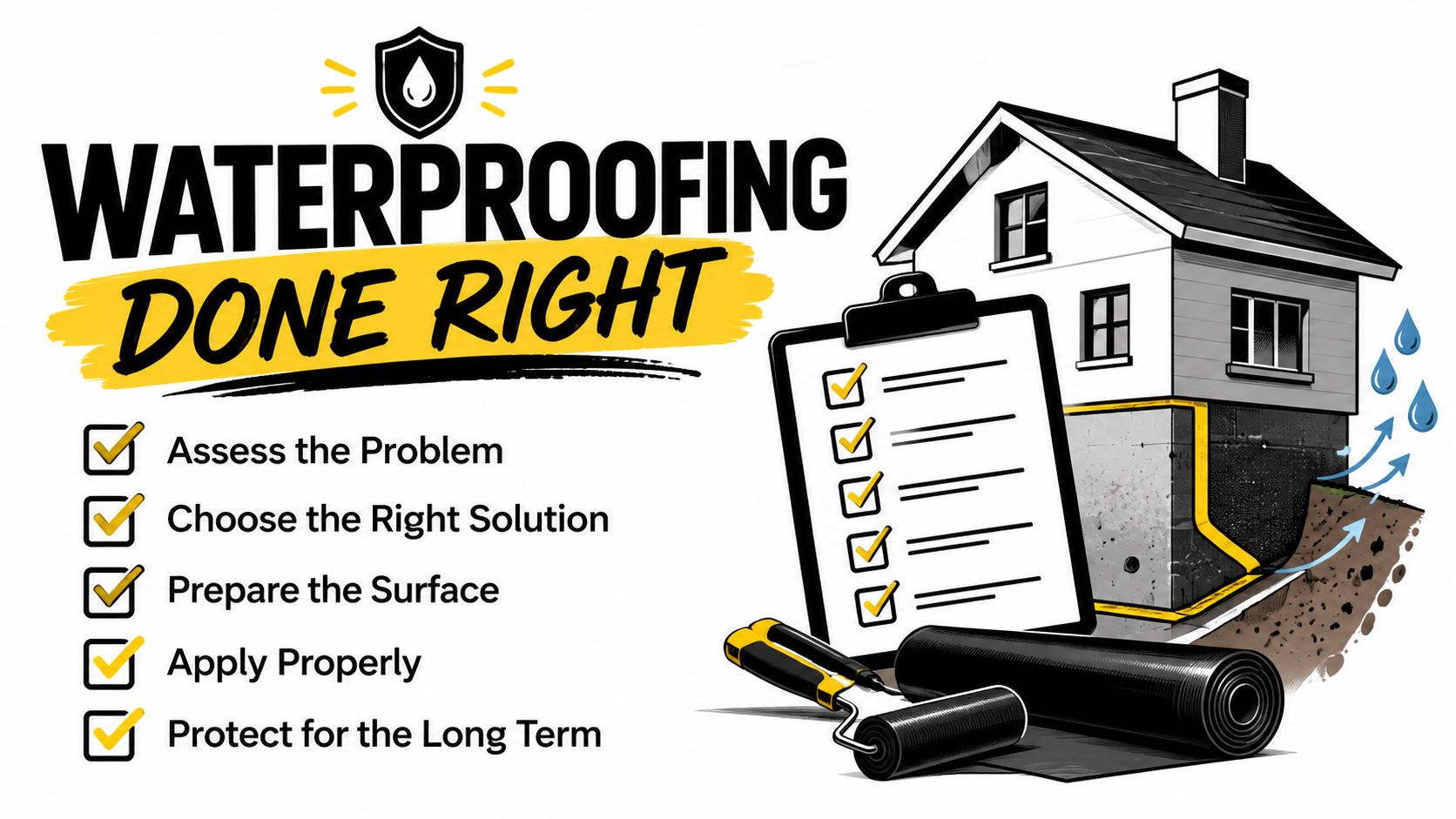 A professional guide illustrating five essential steps for effective home foundation waterproofing to prevent water damage.