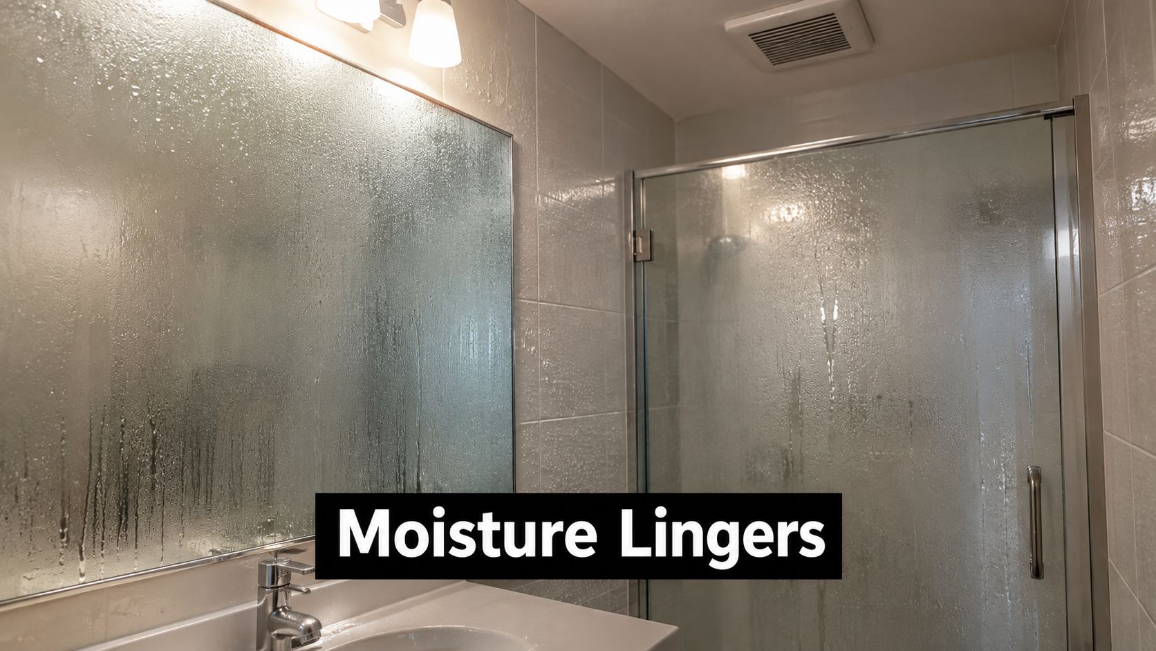 A bathroom mirror and shower glass covered in water condensation due to poor bathroom ventilation and humidity.