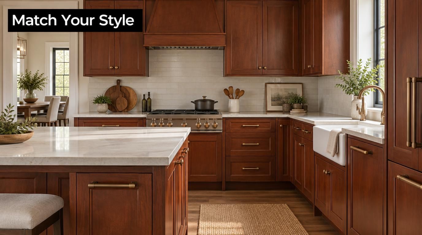 A luxurious kitchen featuring dark cherry wood cabinets, a marble island, and modern gold hardware accents.