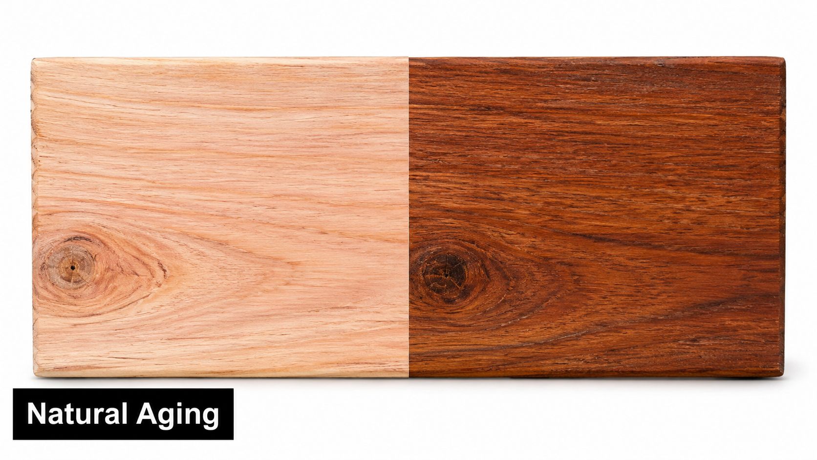 A split image showing a piece of raw wood on the left and aged, dark wood on the right.