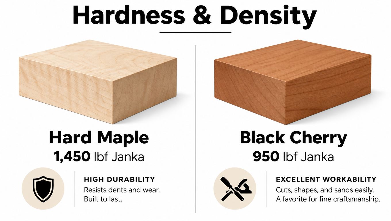 A comparison graphic showing Hard Maple and Black Cherry wood blocks with their respective Janka hardness ratings.