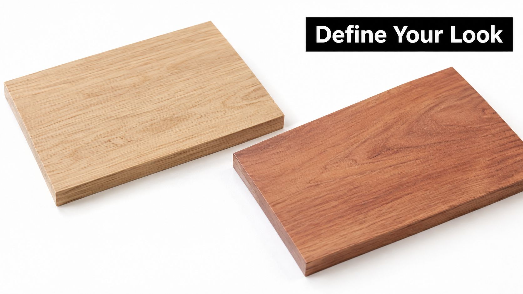 Two rectangular wooden sample boards showing a light maple grain and a warm cherry wood finish.