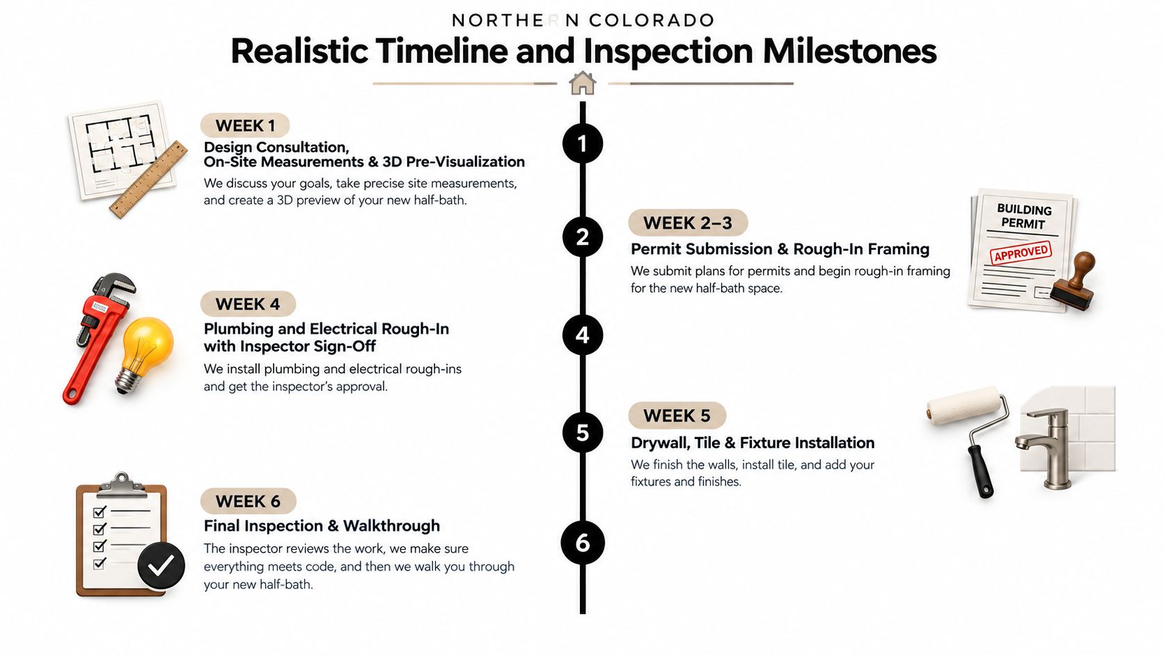 A step-by-step timeline infographic showing the six-week process for adding a half-bathroom to your home.