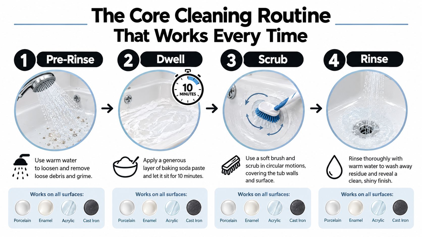 A four-step infographic illustrating a cleaning routine for bathtubs using warm water, baking soda, and a brush.