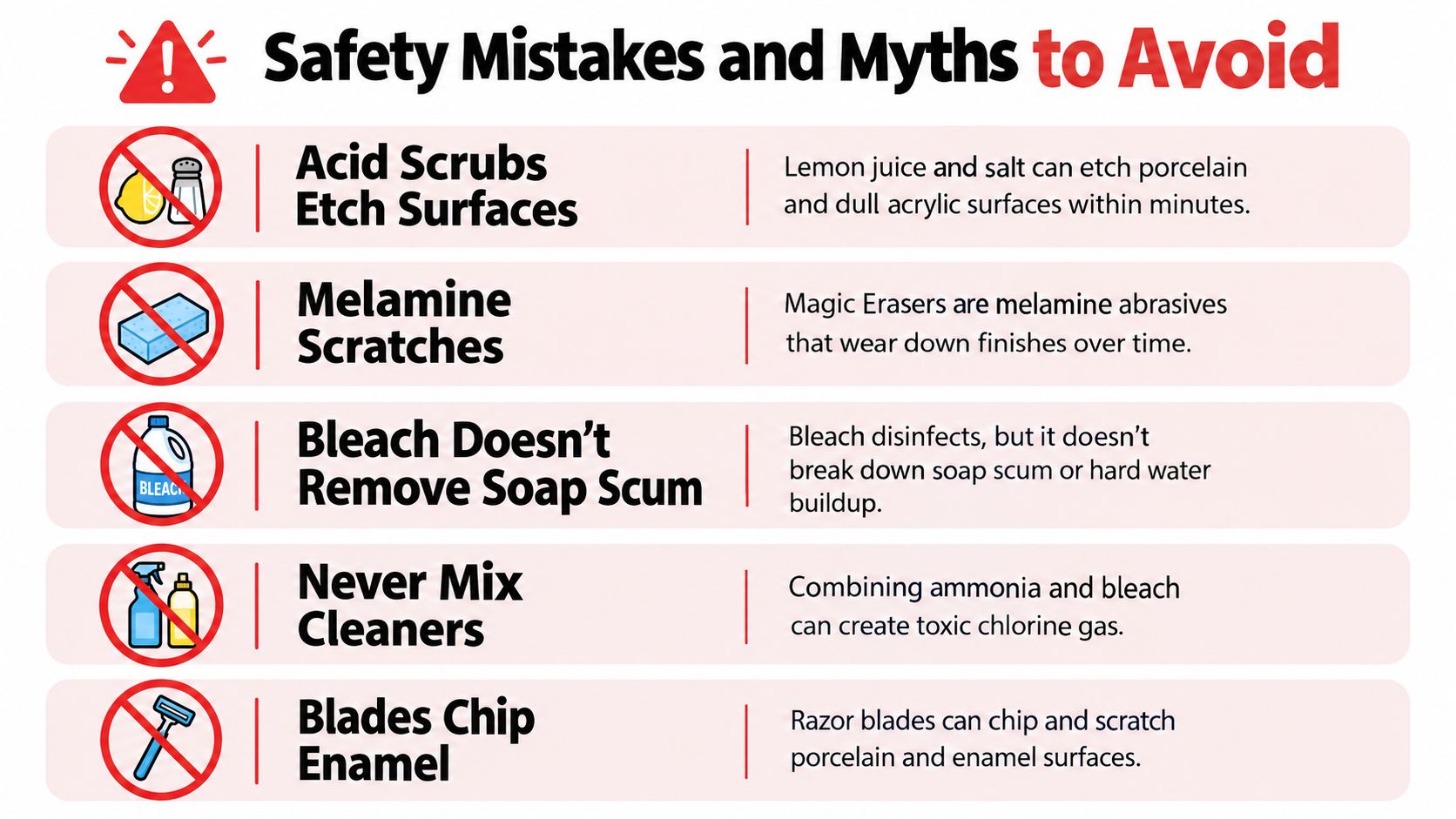 An infographic showing five common cleaning mistakes and safety myths to avoid when maintaining bathroom surfaces.