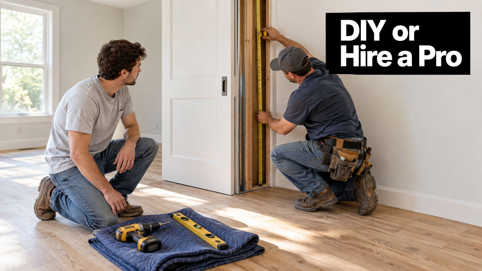 A professional carpenter measuring a pocket door frame while a man watches him work.