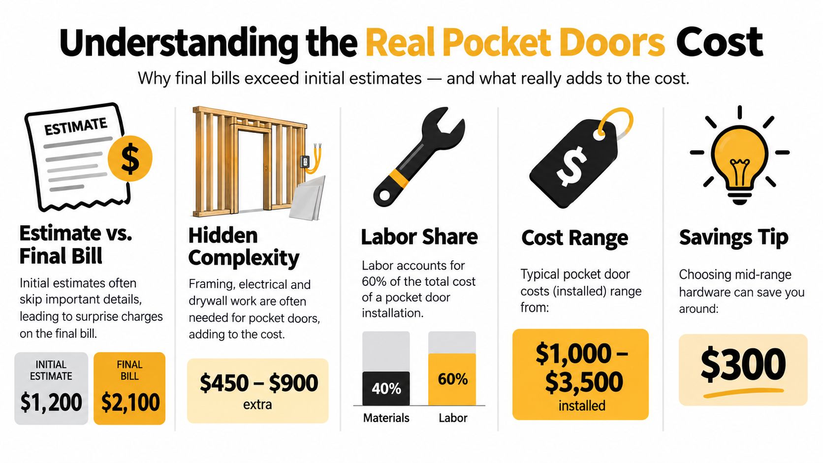 An infographic showing the cost breakdown of pocket doors including initial estimates, labor, and installation price ranges.