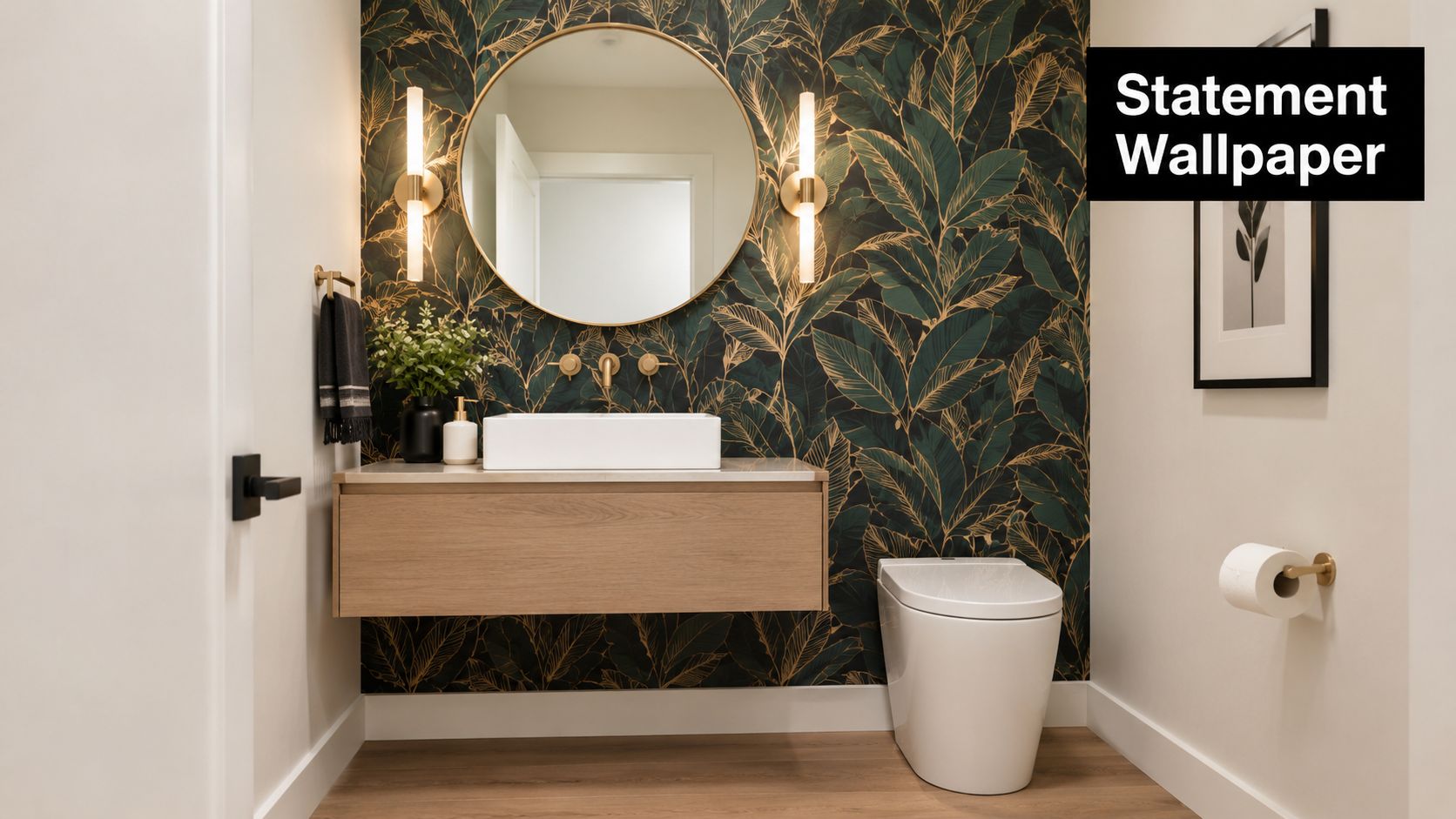 A modern powder room featuring dark green botanical wallpaper, a floating wood vanity, and gold accents.