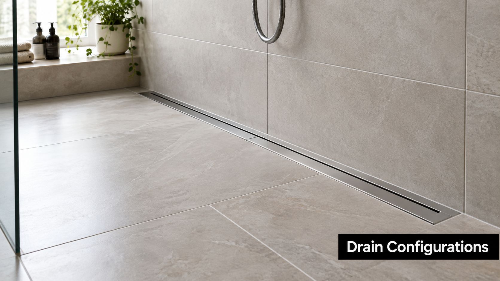 A modern walk-in shower with a sleek linear wall drain installed along the tiled floor.